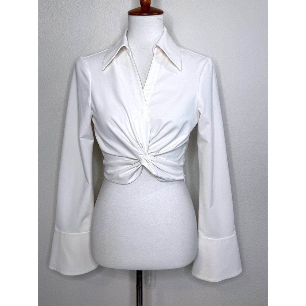 CINQ A SEPT Cropped McKenna Long Bell Sleeves Blouse Small Ivory Elegant Sexy